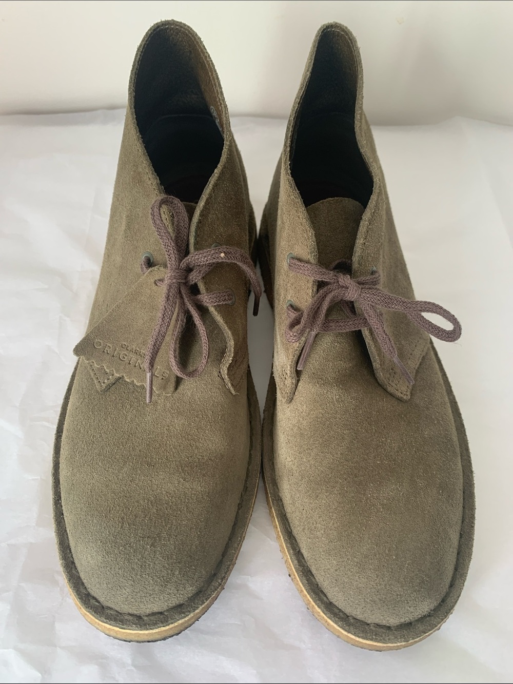 Clarks Olive Suede Desert Boots with Tan Crepe Sole